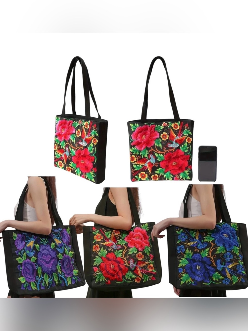 Women Canvas Tote Shoulder Bag Flower Embroidery Large Capacity Handbag